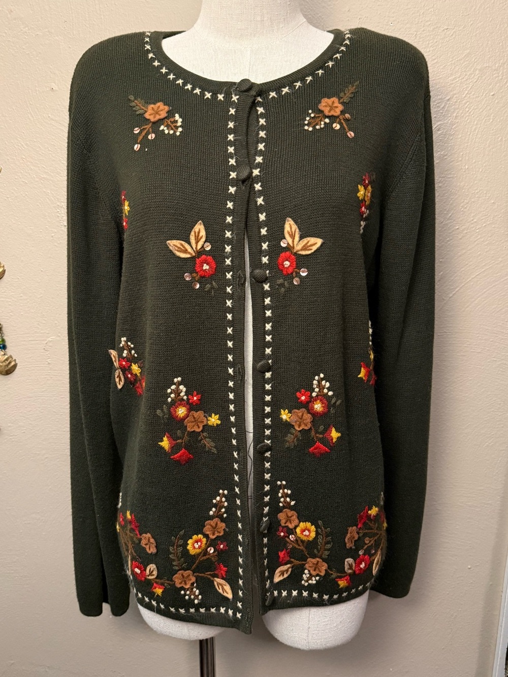 Dressbarn Dark Green Embroidered Button Front Floral Autumn Cardigan Size Medium